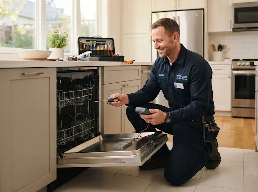 A home service technician repairing a dishwasher in a customer's kitchen